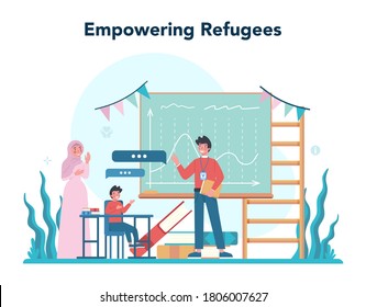 Social volunteer. Charity community support and take care of people in need. Idea of care and humanity. Empowering refugees. Isolated vector illustration
