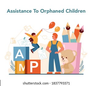 Social volunteer. Charity community support and take care of people in need. Idea of care and humanity. Orphaned children assistance. Vector illustration