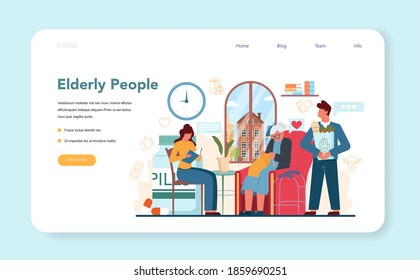 Social volunteer web banner or landing page. Charity community support and take care of people in need. Idea of care and humanity. Elderly people support, senior adult assistance. Vector illustration