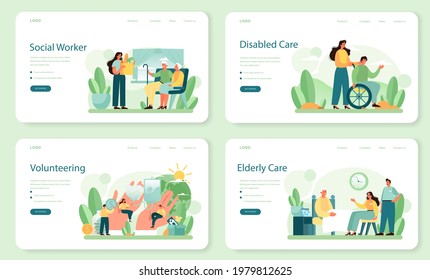 Social volunteer web banner or landing page set. Charity community support and take care of people in need. Idea of care and humanity. Disabled and senior people support. Isolated vector illustration