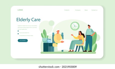 Social volunteer web banner or landing page. Charity community support and take care of people in need. Idea of care and humanity. Disabled and senior people support. Isolated vector illustration