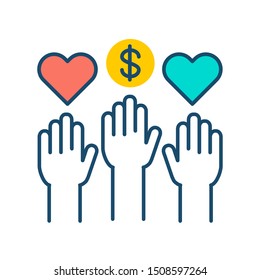 Social volunteering color line icon. Volunteer hands. Non profit community. Charity, humanitarian aid concept. Sign for web page, mobile app, banner, social media. Editatable stroke.