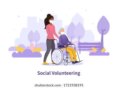 Social Volunteering concept during the Covid-19 pandemic with a young black woman taking an elderly lady for a walk in a wheelchair in a park, both wearing masks, colored vector illustration