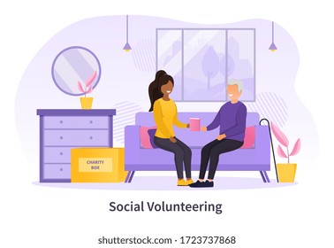Social Volunteering concept for the elderly with a young black woman from a charity visiting a senior man at home, colored vector illustration