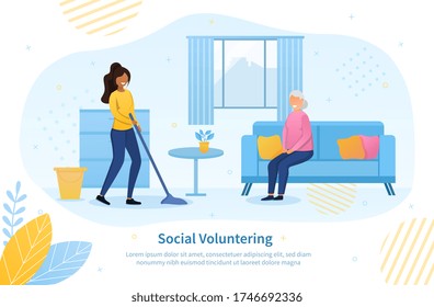 Social volunteering concept for the elderly with a young black woman mopping the floor for a senior woman in her house, colored vector illustration