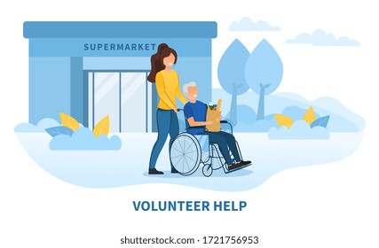 Social Volunteering concept with a young caucasian woman taking an elderly lady for a walk in a wheelchair in a park, colored vector illustration