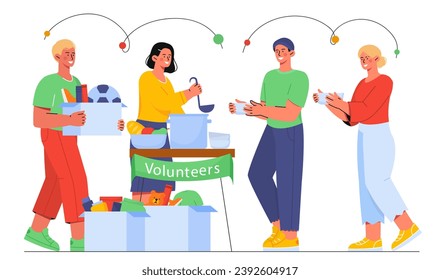 Social volunteers set. Kindness and generosity, charity workers. Activists give food for homeless and poor people. Poster or banner. Cartoon flat vector collection isolated on white background