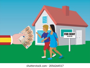 Social voucher of 250 euros for young people to live in a rental home. Young couple accepting 250 euros from the Spanish government to emancipate themselves. Youth emancipation