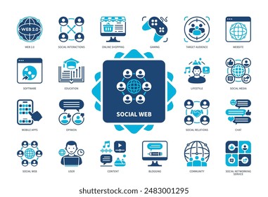 Conjunto de iconos de Web social. Blogueo, Comunidad, App móviles, Contenido, Relaciones sociales, Sitio web, Educación, Usuario. Iconos sólidos de color de duotono