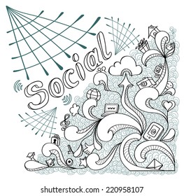 Social webs in doodle style on white background for website banners and other things