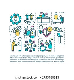 Social Welfare Employment Concept Icon With Text. Assistant For People In Need. Nursing Home. PPT Page Vector Template. Brochure, Magazine, Booklet Design Element With Linear Illustrations