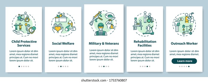Social welfare onboarding mobile app page screen with concepts. Help with mental and physical health walkthrough 5 steps graphic instructions. UI vector template with RGB color illustrations