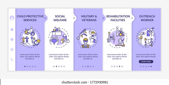 Social Welfare Onboarding Vector Template. Child Protective Services. Rehabilitation Center. Responsive Mobile Website With Icons. Webpage Walkthrough Step Screens. RGB Color Concept