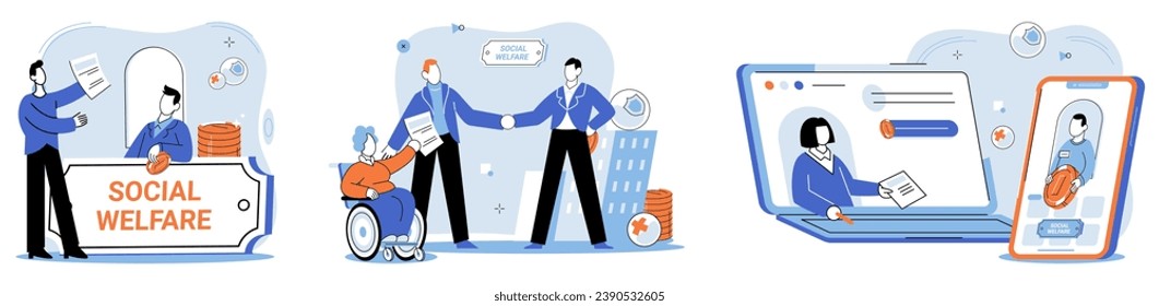 Social welfare. Vector illustration. Donations provide resources necessary for charitable organizations to deliver social welfare assistance Active participation in social welfare activities leads