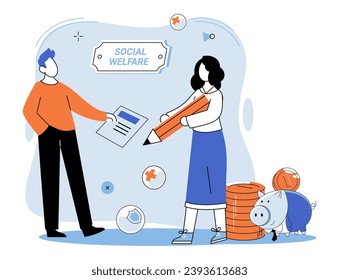 Bienestar social. Ilustración vectorial. Las donaciones desempeñan un papel importante en el apoyo a las organizaciones benéficas y sus esfuerzos de bienestar social Los programas de asistencia comunitaria proporcionan un apoyo vital