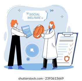 Social welfare. Vector illustration. Happiness can be fostered through altruistic acts and contributions to social welfare The social welfare concept emphasizes collective responsibility to support