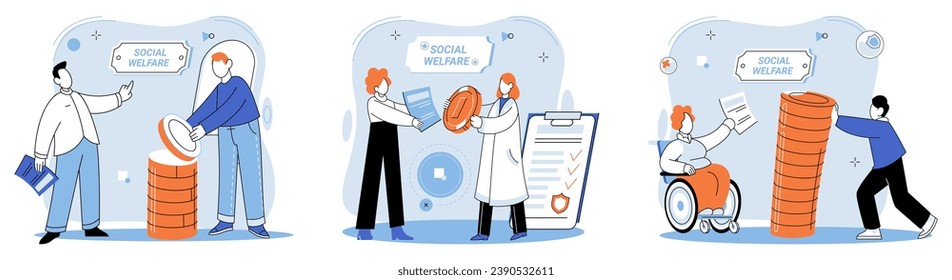 Social welfare. Vector illustration. Volunteering is selfless act contributes to betterment society and social welfare Independence and self-sufficiency are core principles social welfare programs