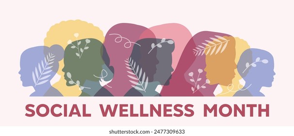 Social Wellness Month. people and more. Perfect for cards, banners, posters, social media and more. Light pink background.