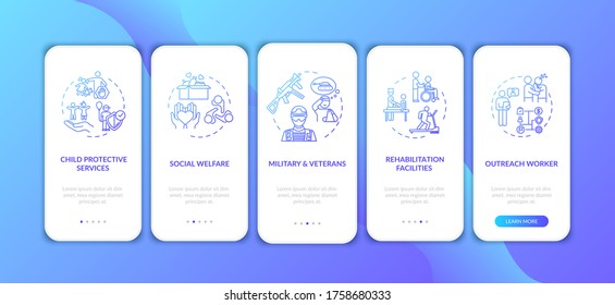 Social wellness onboarding mobile app page screen with concepts. Help with mental and physical health walkthrough 5 steps graphic instructions. UI vector template with RGB color illustrations