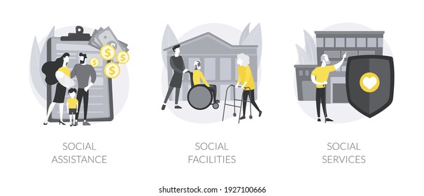 Social Work Abstract Concept Vector Illustration Set. Social Assistance And Facilities, Public Welfare Service, Home Nursing, Caregiver Support, Volunteer Help, Healthcare Center Abstract Metaphor.