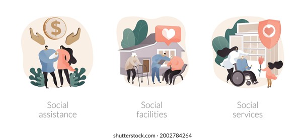 Social Work Abstract Concept Vector Illustration Set. Social Assistance And Facilities, Public Welfare Service, Home Nursing, Caregiver Support, Volunteer Help, Healthcare Center Abstract Metaphor.