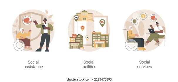 Conjunto de ilustraciones vectoriales conceptuales abstractas de trabajo social. Asistencia e instalaciones sociales, servicios de bienestar público, enfermería domiciliaria, apoyo a los cuidadores, ayuda voluntaria, metáfora abstracta de los centros de salud.