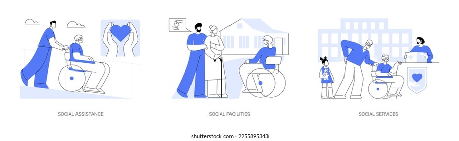 Social work abstract concept vector illustration set. Social assistance and facilities, public welfare service, home nursing, caregiver support, volunteer help, healthcare center abstract metaphor.