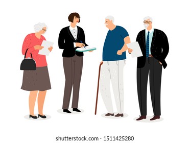 Concepto de trabajo social. Personas mayores y trabajadores sociales. Papeleo, vectores de caracteres antiguos aislados en fondo blanco
