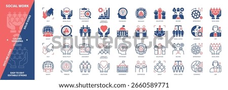 Social Work icon set. Society, Psychology, Social Justice, Sociology, law, Economics, Community Welfare, Government. Duotone color solid and editable outline icons