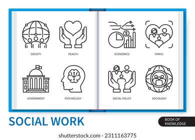 Social work infographics elements set. Society, psychology, social policy, sociology, health, economics, family, government. Web vector linear icons collection