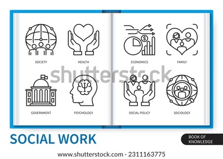 Social work infographics elements set. Society, psychology, social policy, sociology, health, economics, family, government. Web vector linear icons collection