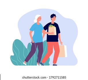 Social work. Man helping grandmother, young boy carries food elderly lady. Family characters or volunteering vector illustration