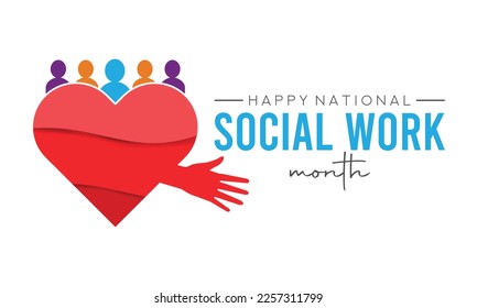 En marzo se celebra cada año el mes del trabajo social. tarjeta de saludo, afiche con fondo. Diseño de ilustración vectorial.