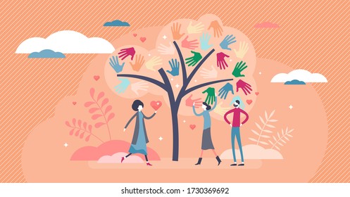 Social work vector illustration. Society help in flat tiny persons concept. Symbolic tree with care and talk support for problem solving and humane communication. Psychology and sociology occupation.