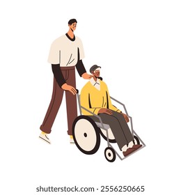 Social worker assisting disabled senior in wheelchair. Nurse does elderly care. Volunteer caregiver helps, aids to old person in wheel chair. Flat isolated vector illustration on white background