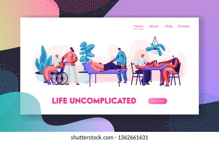 Social Worker Community Care Of Senior People In Nursing Home. Skilled Nurse Residential Healthcare, Physical Therapy Service. Website Landing Page, Web Page. Cartoon Flat Vector Illustration, Banner