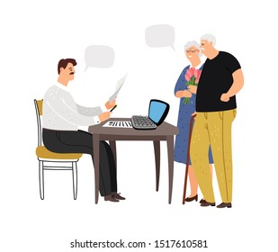 Social worker. Elderly couple at social worker. Paperwork, employee of government agency at work. Vector elderly characters