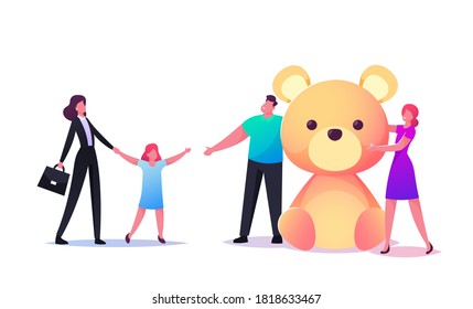 Social Worker Female Character Bringing Orphan Child to New Parents with Huge Soft Bear Gift. Adoption, Custody and Childcare Concept. Man and Woman Adopt Girl. Cartoon People Vector Illustration