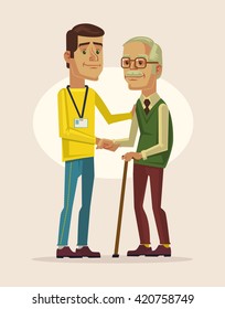 Social worker and grandfather. Vector flat cartoon illustration