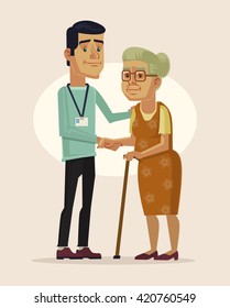 Social worker and grandmother. Vector flat cartoon illustration