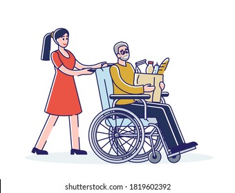 Social Worker Helping Old Man On Wheelchair With Grocery Shopping. Female Volunteer Caring And Walking With Disabled Senior Male To Store. Cartoon Linear Vector Illustration