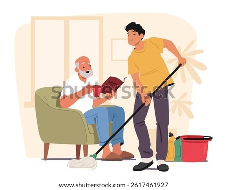 Social worker helping senior man with cleaning home room providing assistance service cartoon scene. Elderly assistant doing housework helping pensioner with daily routine vector illustration