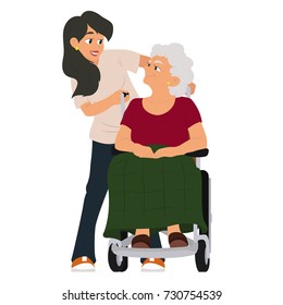 A social worker helps a grandmother in a wheelchair. vector illustration isolated on white background.