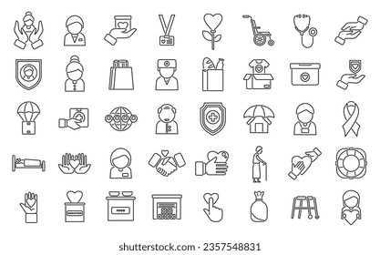 Social worker icons set outline vector. Care senior. Doctor cleaning