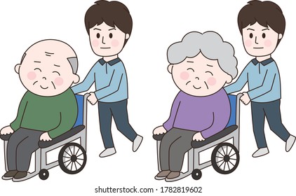 Social worker on a walk with disabled senior citizen in a wheelchair. Vector illustration of a flat design