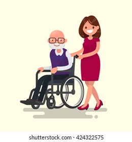 Social Worker On A Walk With Disabled Grandfather In A Wheelchair. Vector Illustration Of A Flat Design