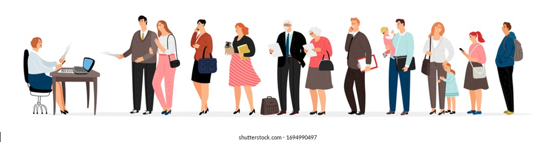 Social Worker And People Queue. Men Women Long Waiting Line. Isolated Different Persons, Old Couple And Student, Businesswoman And Young Parent Vector Illustration