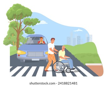 Social worker providing elderly care helping man in wheelchair to cross road through pedestrian vector illustration. Young man volunteer and aged senior with special needs scene