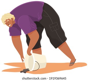 Social worker rescuing turtle on beach. Man releases animal into open ocean. Reptile crawls out of buckets and run towards water to swim freely vector illustration. Guy flips bucket with turtle