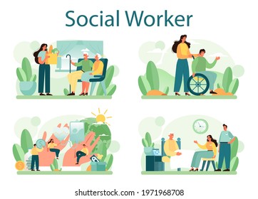 Social Worker Set. Charity Volunteer Community Support And Take Care Of People In Need. Idea Of Care And Humanity. Disabled And Senior People Support. Isolated Vector Illustration